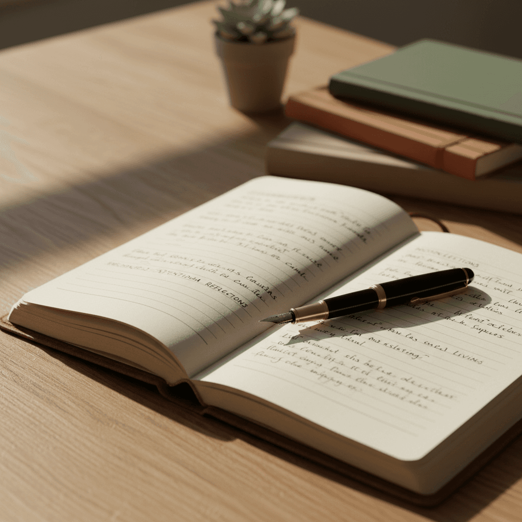 Open leather journal on a wooden desk with a fountain pen beside it, soft morning light streaming through a window