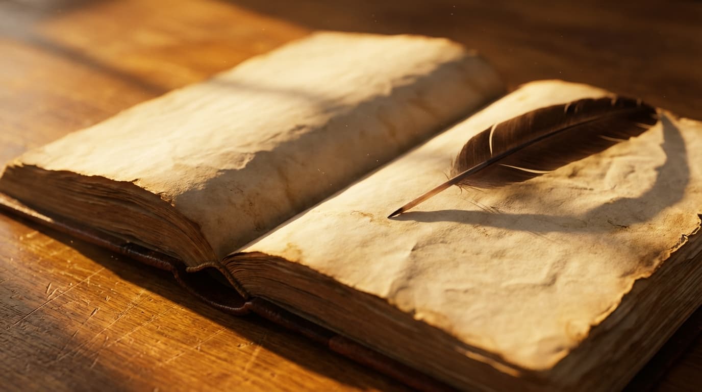 Open leather-bound book on a wooden desk with fountain pen beside it in warm natural light
